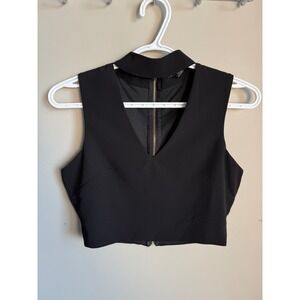 Revamped Premium Black Mock Neck V-Neck Crop Top Zip Back Sleeveless S Goth